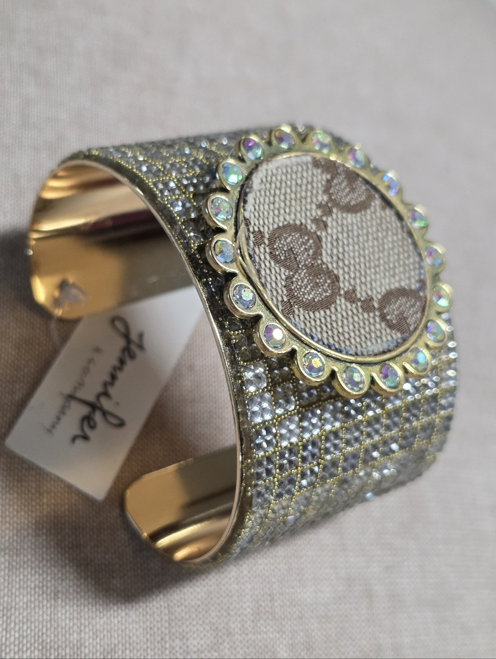Large Beautiful Designer Inspired Rhinestone Gold Cuff Bracelet - Picture 3 of 7